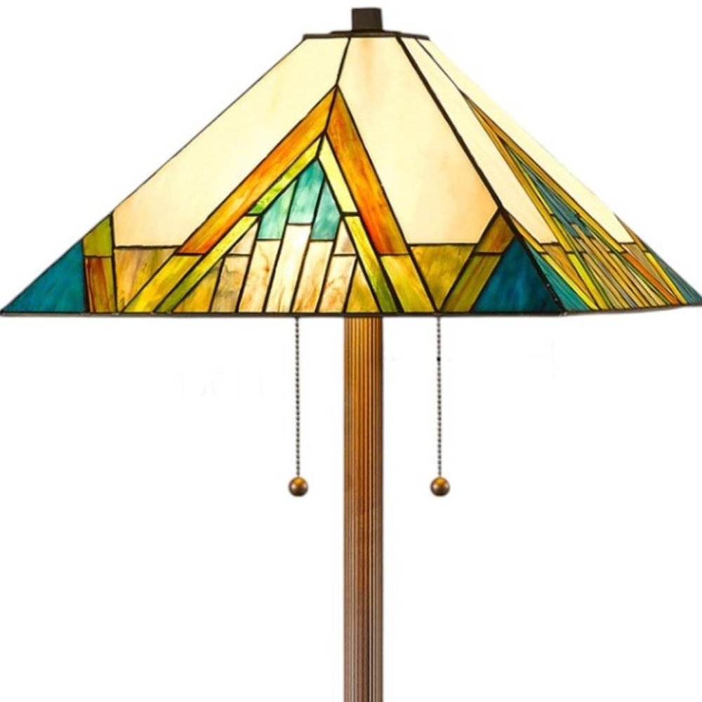 Lámpara de pie estilo Tiffany de dos luces y 62" con pantalla de vidrio emplomado en tonos ámbar, azul y verde
