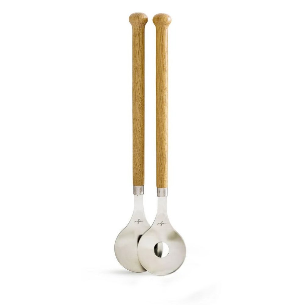Set of Two Natural Solid Wood And Stainless Steel Salad Servers
