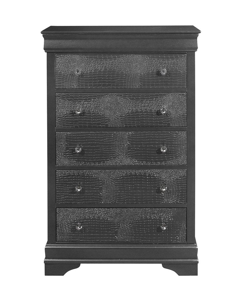 Cómoda de cinco cajones de madera maciza gris metalizada de 31"