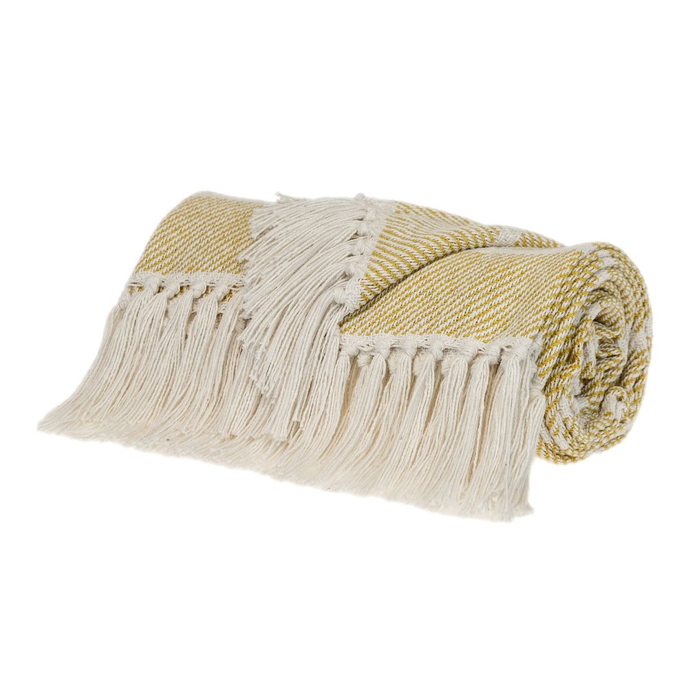 50" X 60" White And Yellow Striped Cotton Woven Throw Blanket