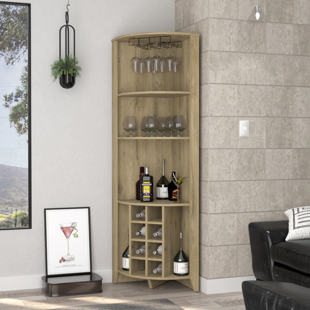 71" Light Brown Wood Corner Bar Cabinet