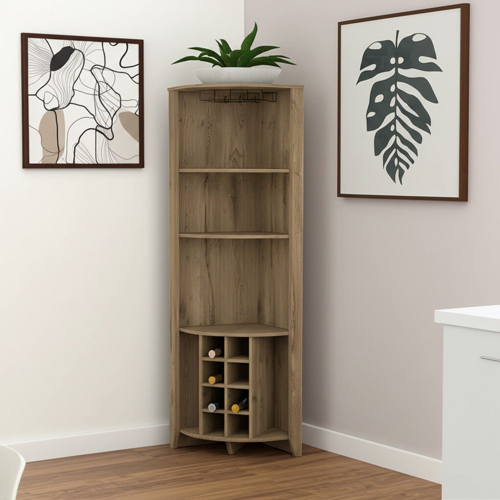71" Light Brown Wood Corner Bar Cabinet