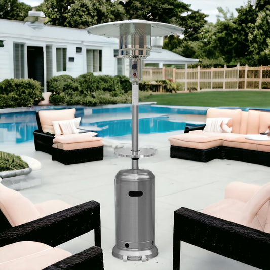 Calentador de patio cilíndrico de propano de acero plateado de 48 000 BTU