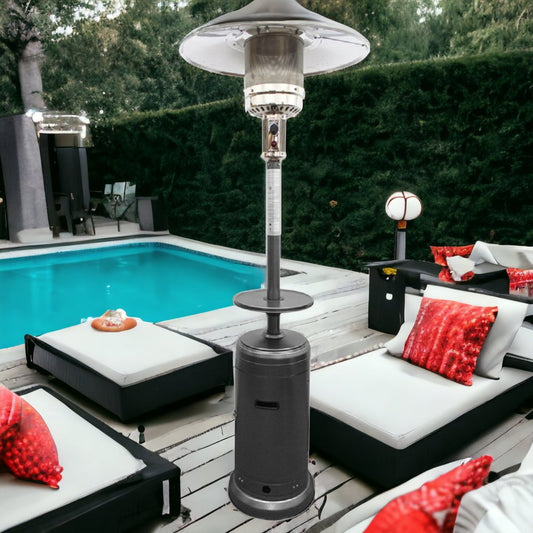 Calentador de patio cilíndrico de propano de acero plateado de 48 000 BTU