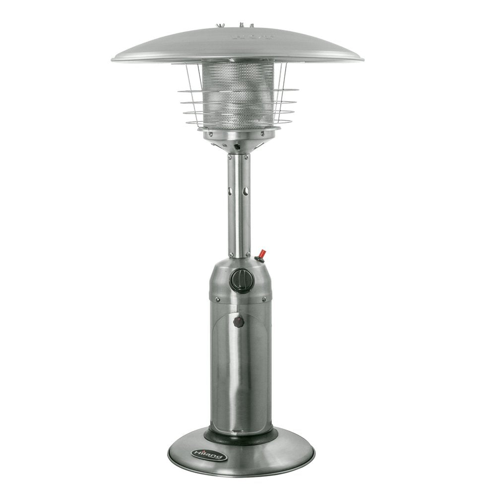 Calentador de patio de sobremesa cilíndrico de propano de acero plateado de 11 000 BTU