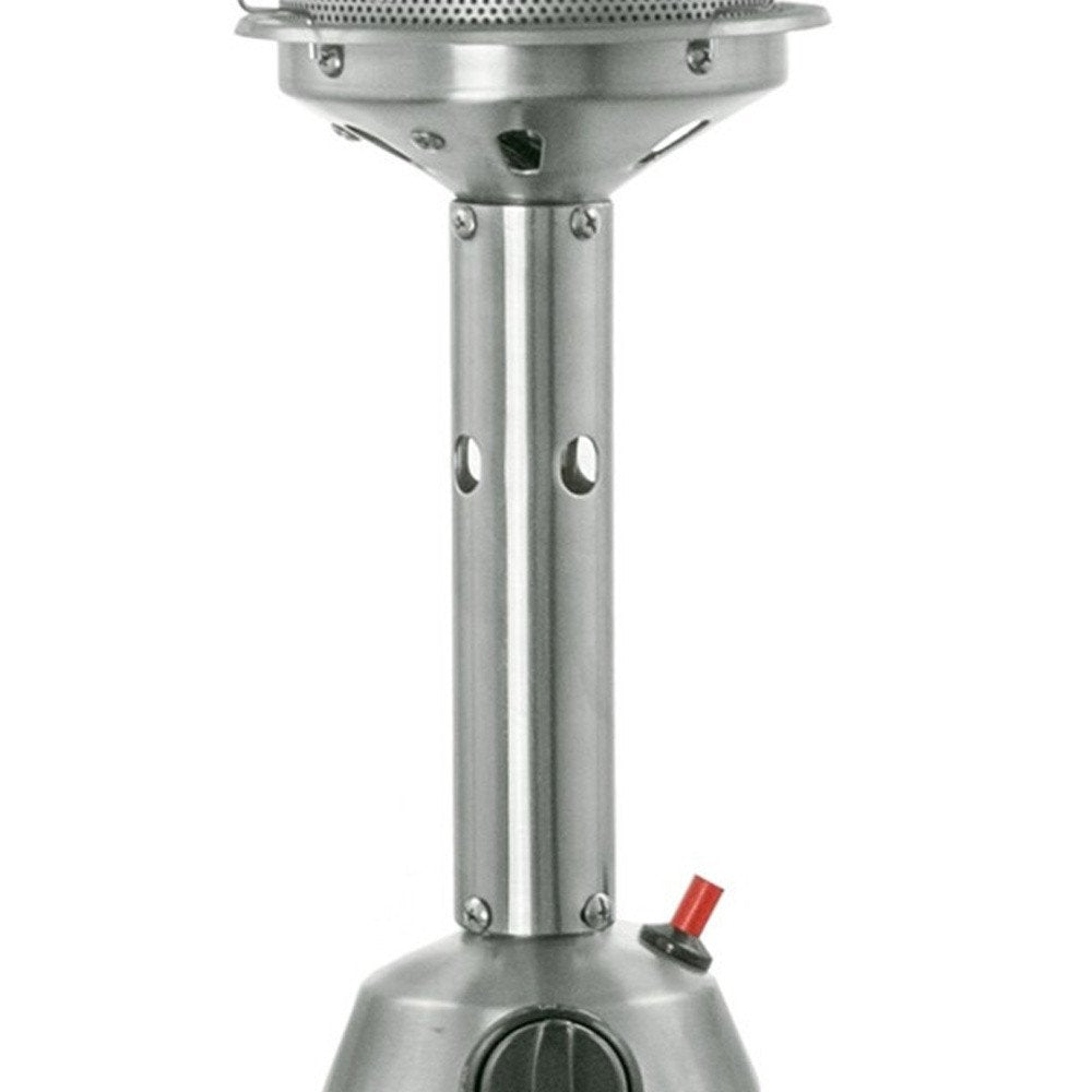 Calentador de patio de sobremesa cilíndrico de propano de acero plateado de 11 000 BTU