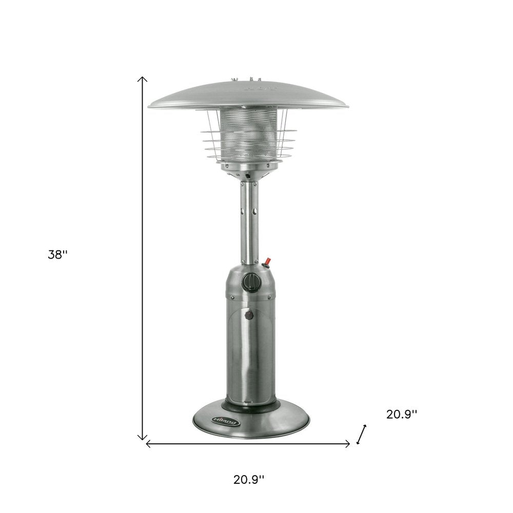 Calentador de patio de sobremesa cilíndrico de propano de acero plateado de 11 000 BTU