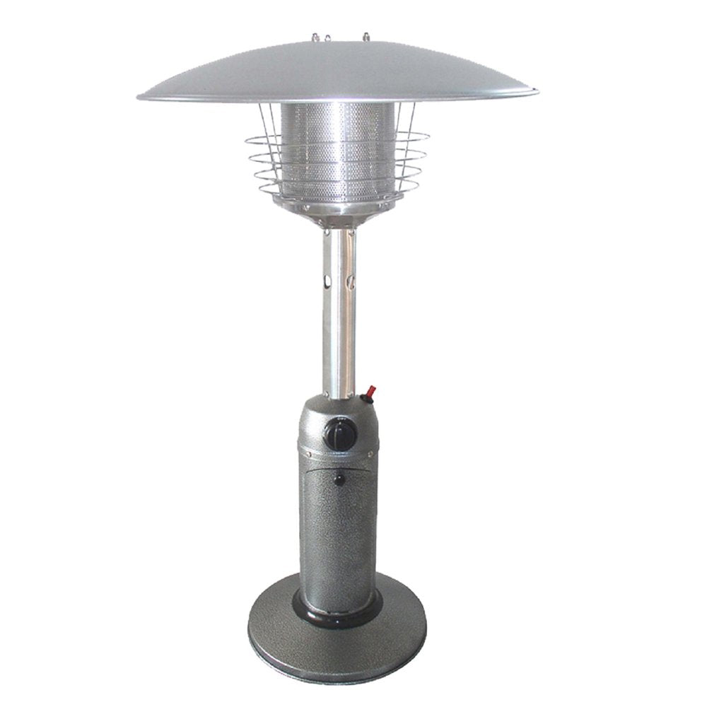 Calentador de patio de sobremesa cilíndrico de propano de acero plateado de 11 000 BTU