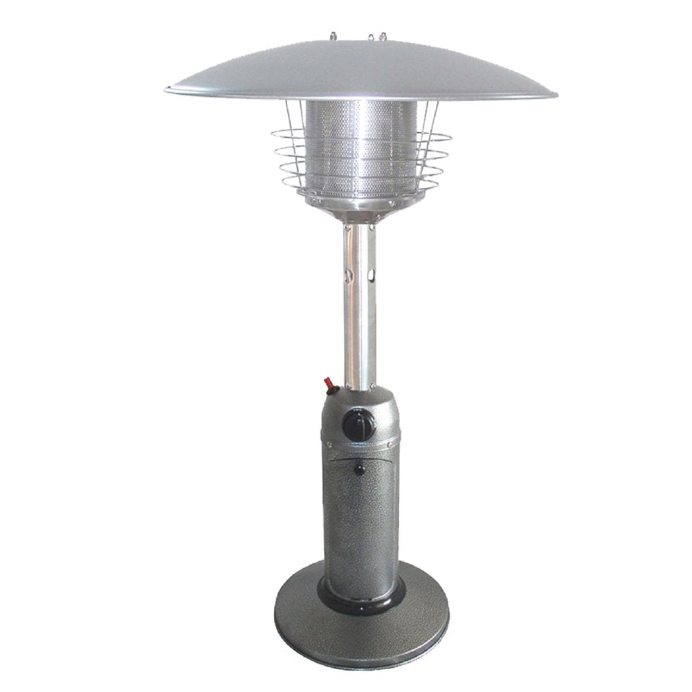 Calentador de patio de sobremesa cilíndrico de propano de acero plateado de 11 000 BTU
