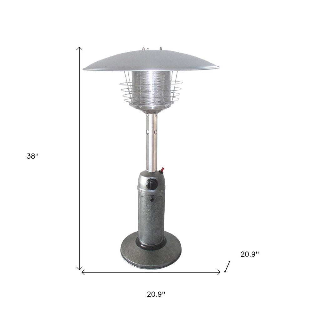 Calentador de patio de sobremesa cilíndrico de propano de acero plateado de 11 000 BTU