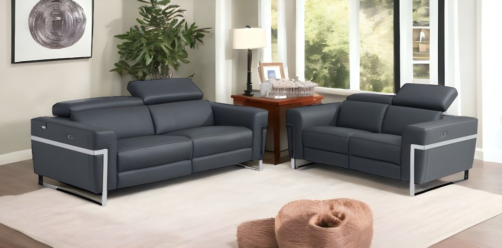Conjunto de asientos para cinco personas en cuero italiano gris oscuro de dos piezas para interiores