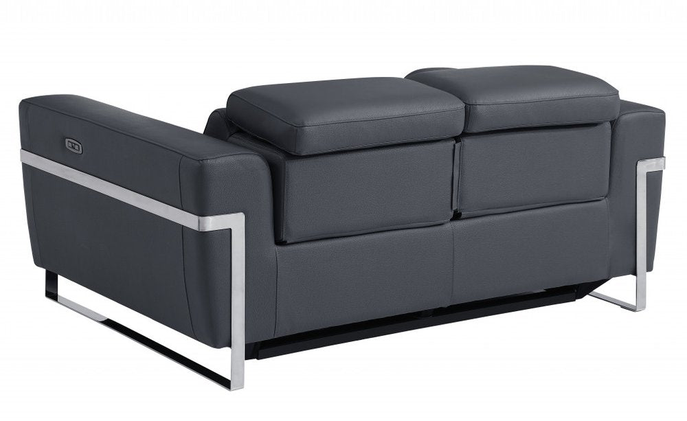 Loveseat eléctrico reclinable de 65" de cuero italiano gris y plateado