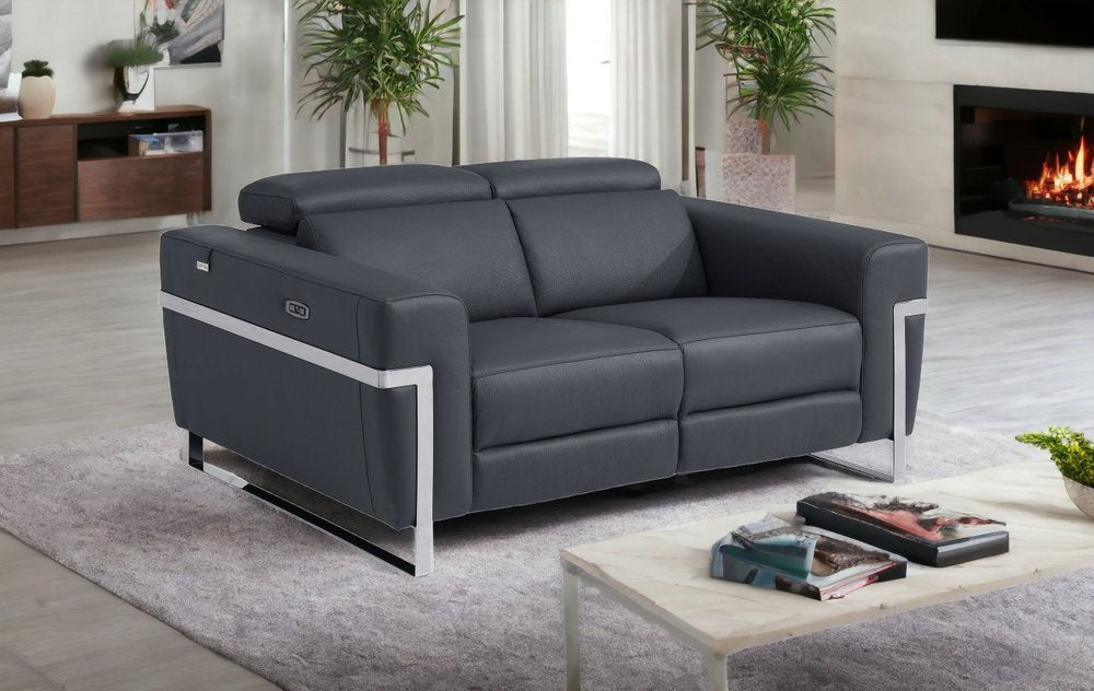 Loveseat eléctrico reclinable de 65" de cuero italiano gris y plateado