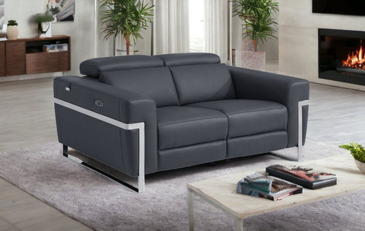 Loveseat eléctrico reclinable de 65" de cuero italiano gris y plateado