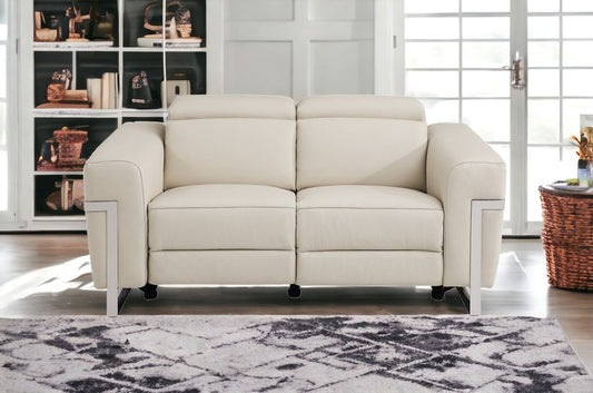 Loveseat reclinable eléctrico de 65" en cuero italiano beige y plateado