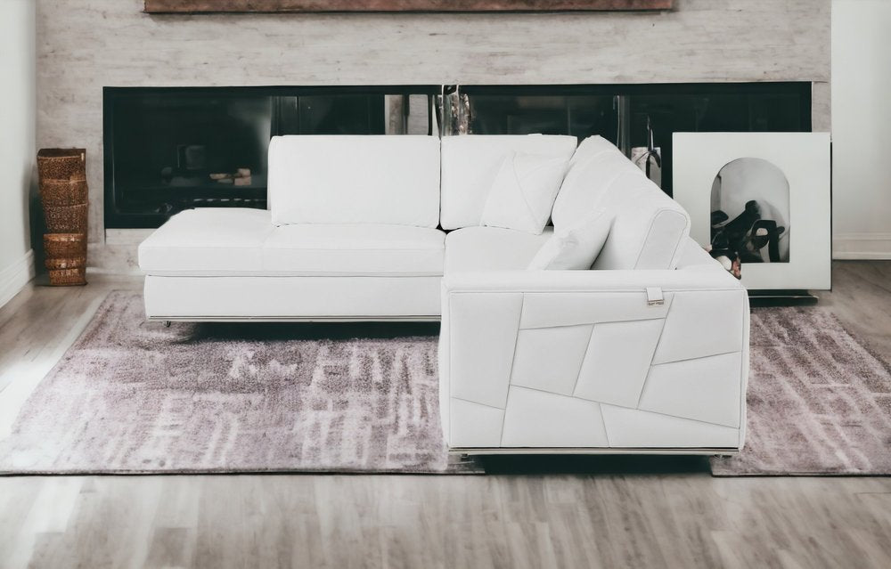 Seccional esquinero reclinable en forma de L de dos piezas de cuero italiano blanco