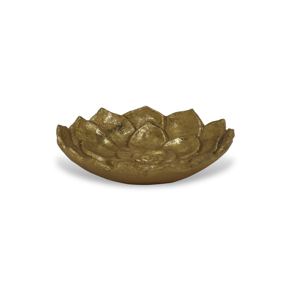 Bandeja de tocador de metal con forma de flor de loto dorada de 6" hecha a mano con hojas de loto