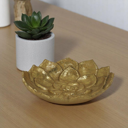 Bandeja de tocador de metal con forma de flor de loto dorada de 6" hecha a mano con hojas de loto