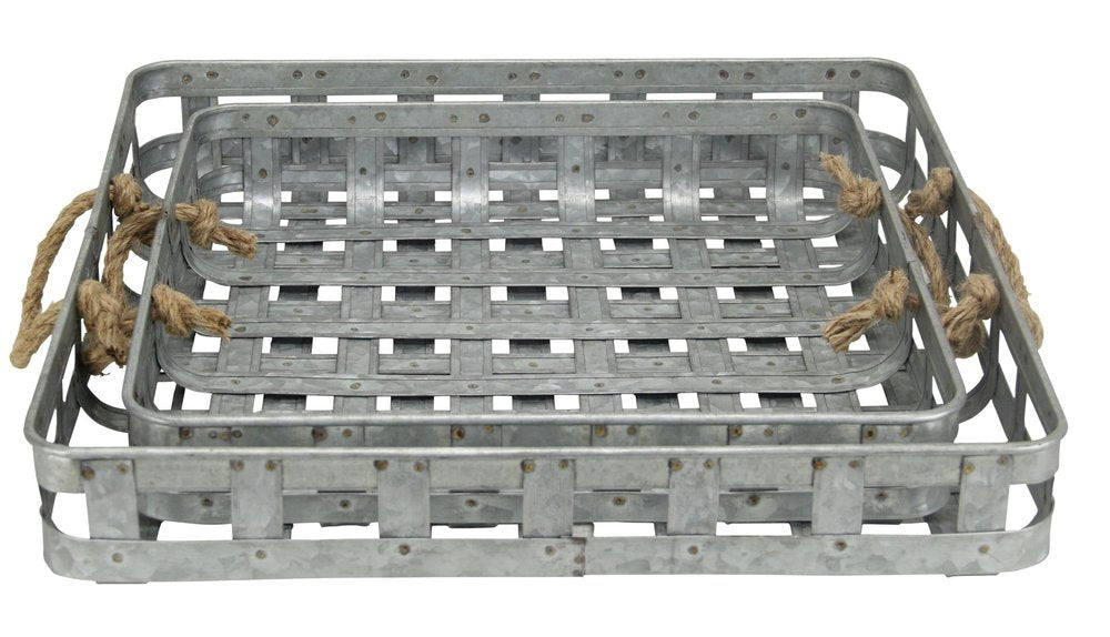 Juego de dos bandejas rectangulares de metal gris hechas a mano con asas