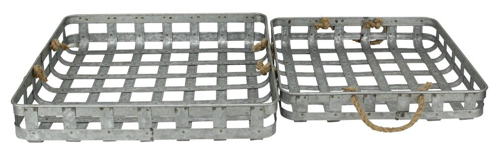 Juego de dos bandejas rectangulares de metal gris hechas a mano con asas