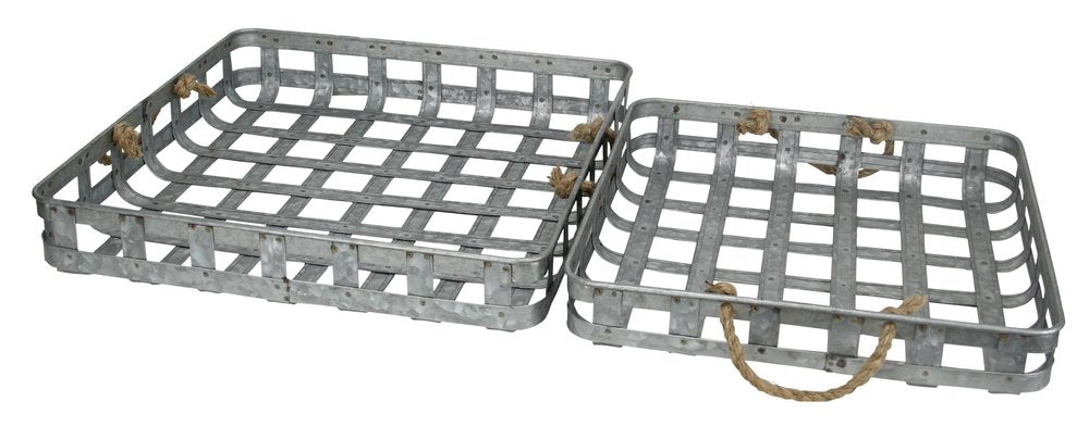 Juego de dos bandejas rectangulares de metal gris hechas a mano con asas