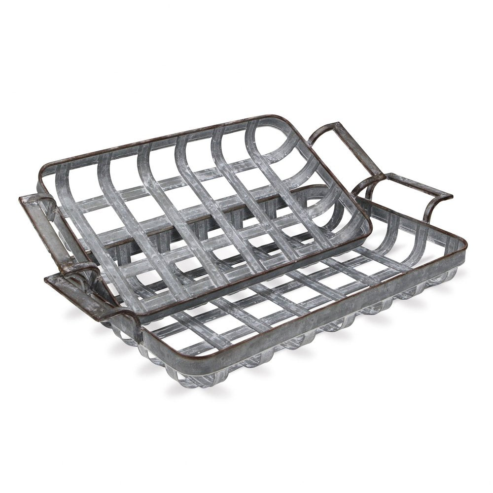 Juego de dos bandejas para servir hechas a mano de metal gris con asas