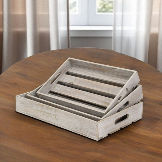 Bandeja rectangular de madera gris de 19" hecha a mano con asas