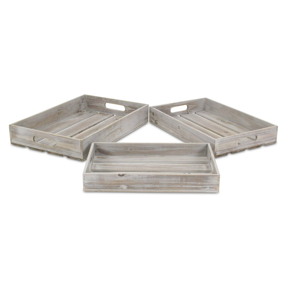 Bandeja rectangular de madera gris de 19" hecha a mano con asas