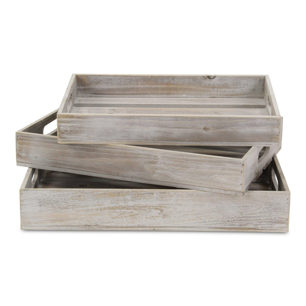 Bandeja rectangular de madera gris de 19" hecha a mano con asas