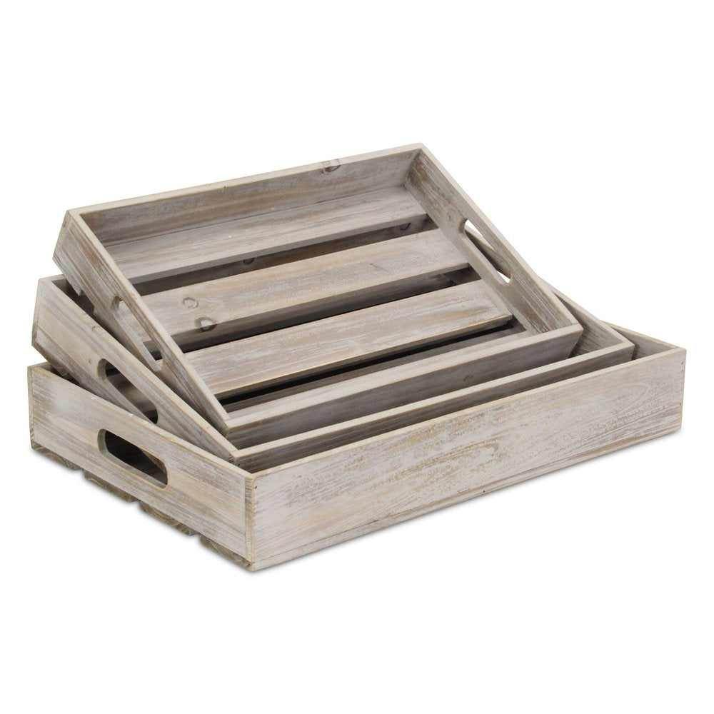 Bandeja rectangular de madera gris de 19" hecha a mano con asas