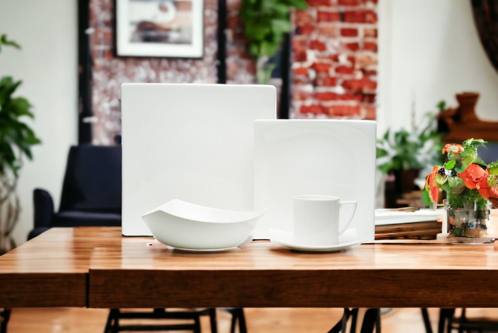 Juego de vajilla de porcelana blanca cuadrada de cinco piezas