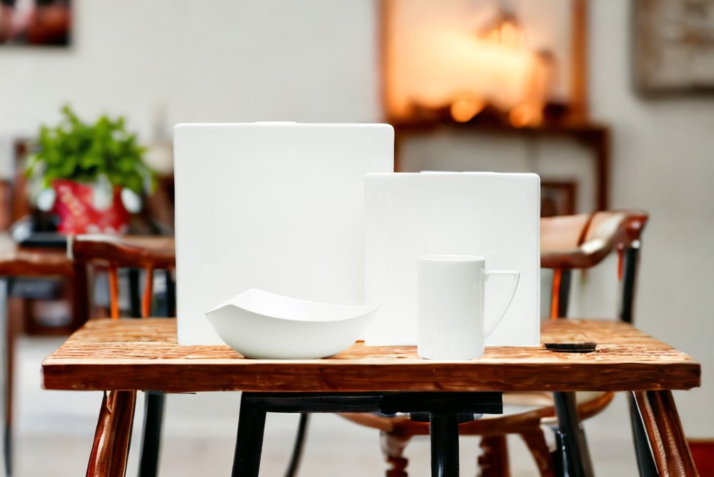 Juego de vajilla de porcelana blanca cuadrada de cuatro piezas
