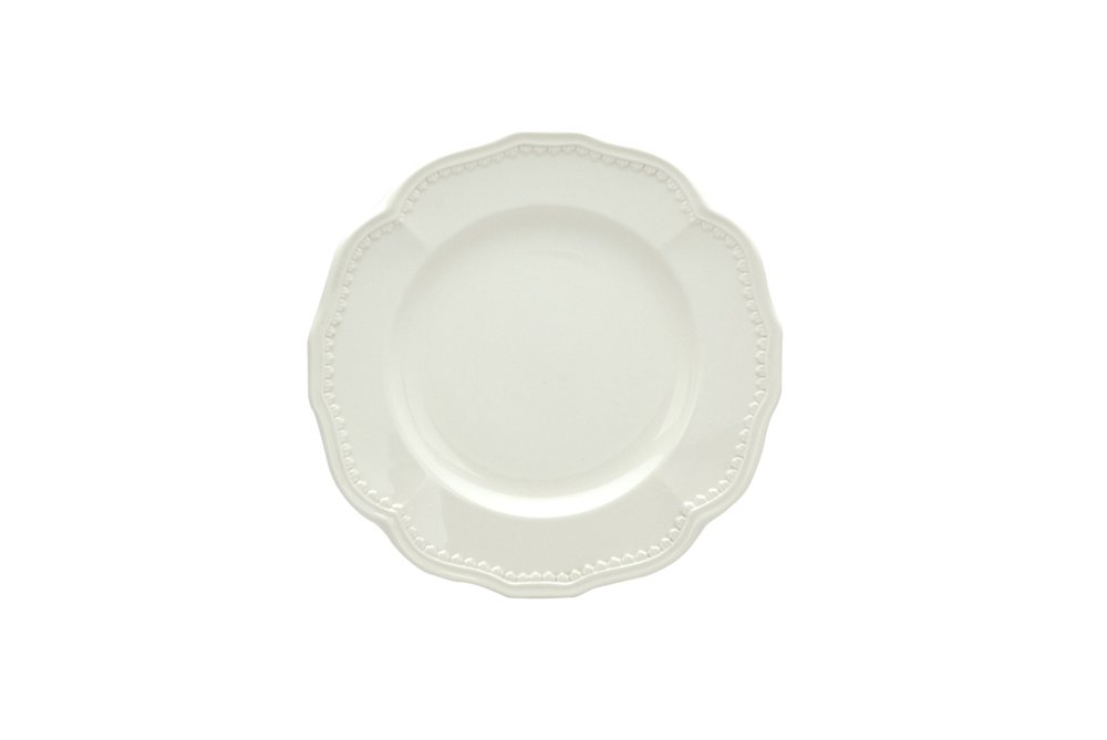 Juego de cuatro platos de ensalada de cerámica blanca redonda con diseño festoneado para cuatro personas