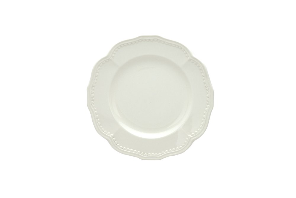Juego de cuatro platos de ensalada de cerámica blanca redonda con diseño festoneado para cuatro personas