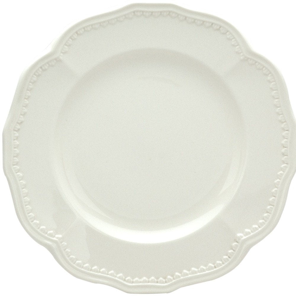 Juego de cuatro platos de ensalada de cerámica blanca redonda con diseño festoneado para cuatro personas