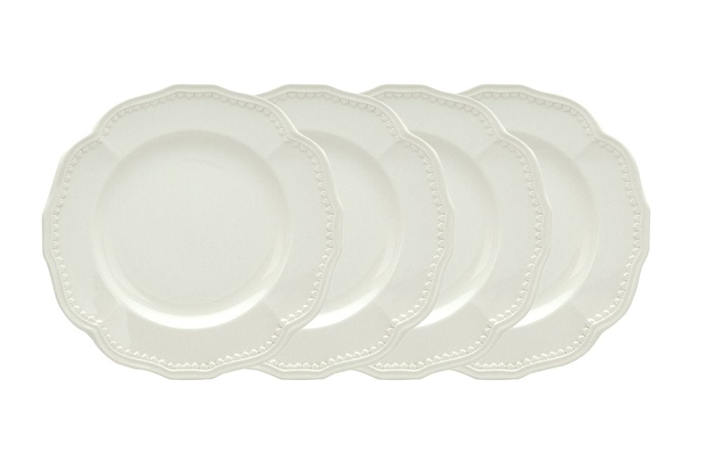 Juego de cuatro platos de ensalada de cerámica blanca redonda con diseño festoneado para cuatro personas