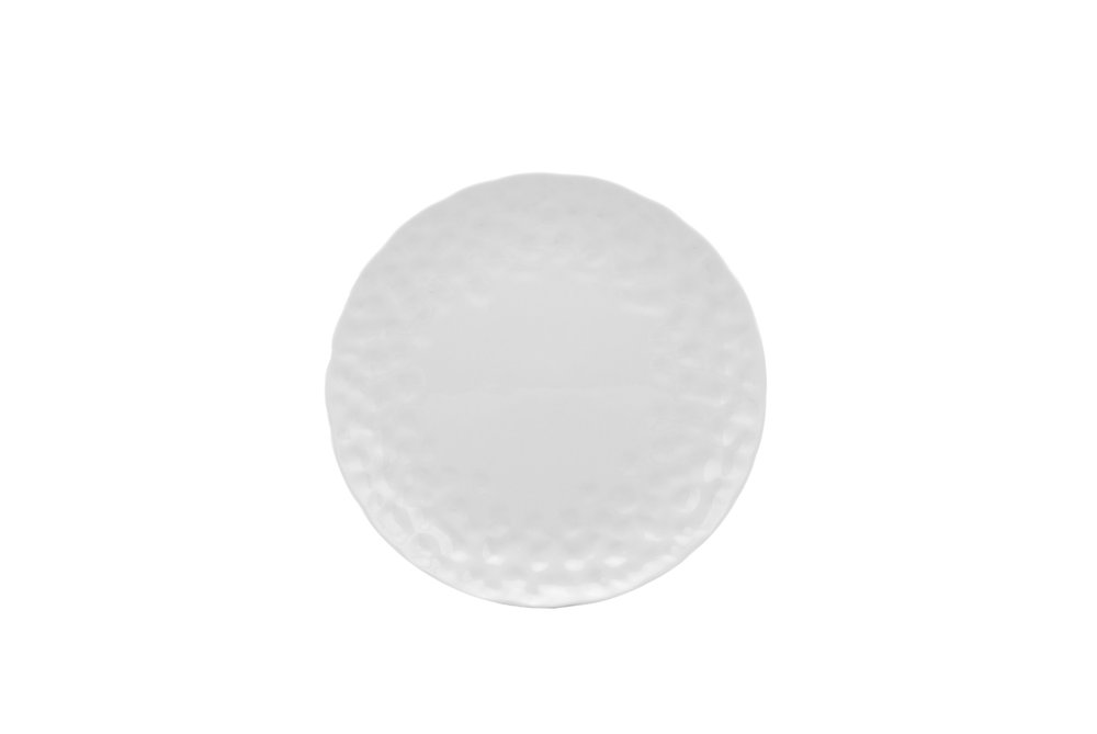 Juego de seis platos de ensalada de porcelana blanca redonda con relieve granulado.