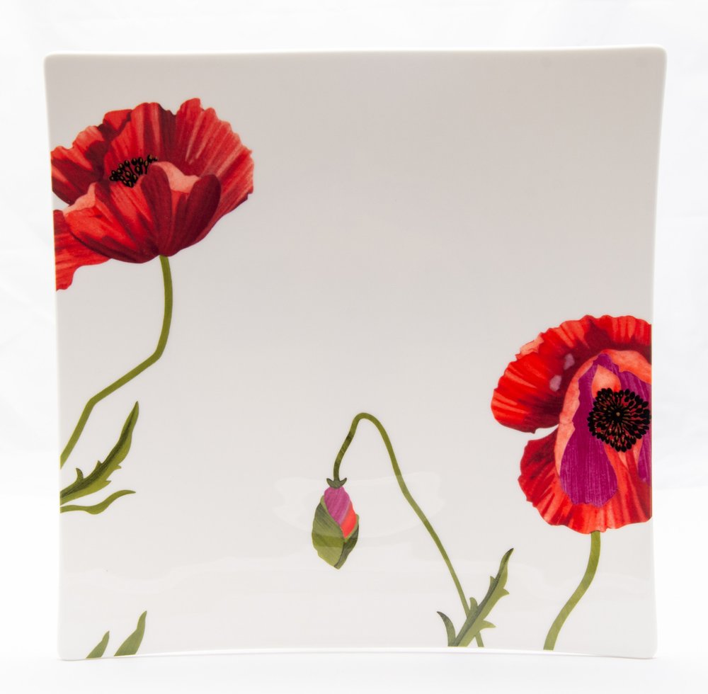 Juego de seis platos de cena de porcelana china con diseño floral cuadrado, rojo y blanco