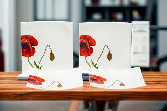Juego de seis platos de ensalada de porcelana china con diseño floral cuadrado rojo y blanco