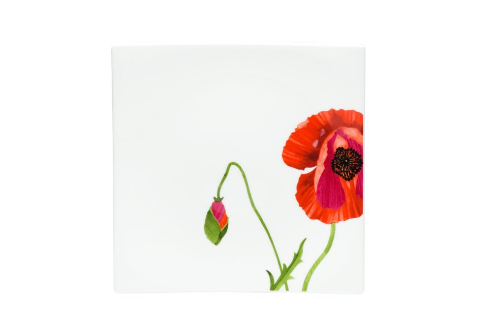 Juego de seis platos de ensalada de porcelana china con diseño floral cuadrado rojo y blanco