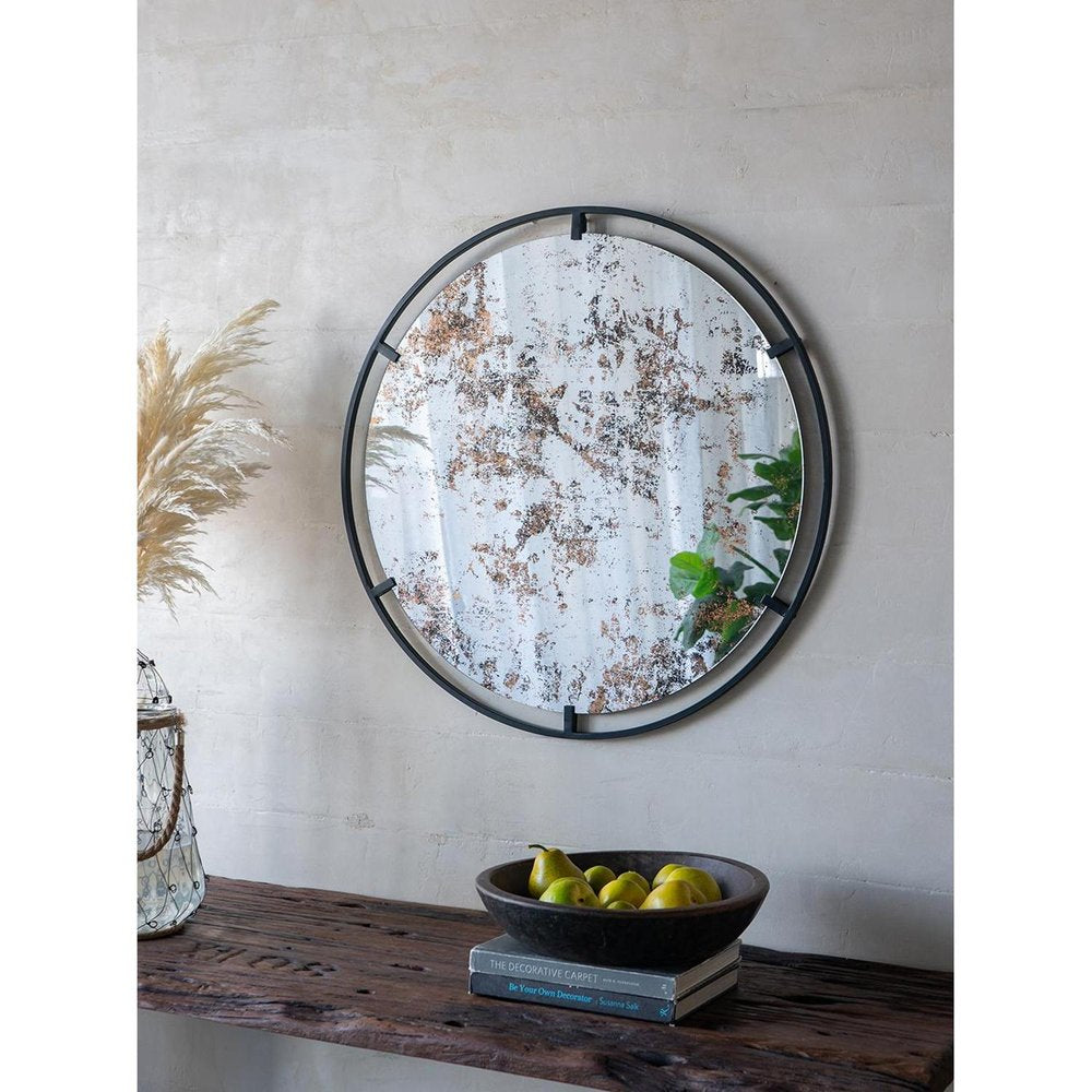 32" Black Round Iron Framed Accent Mirror