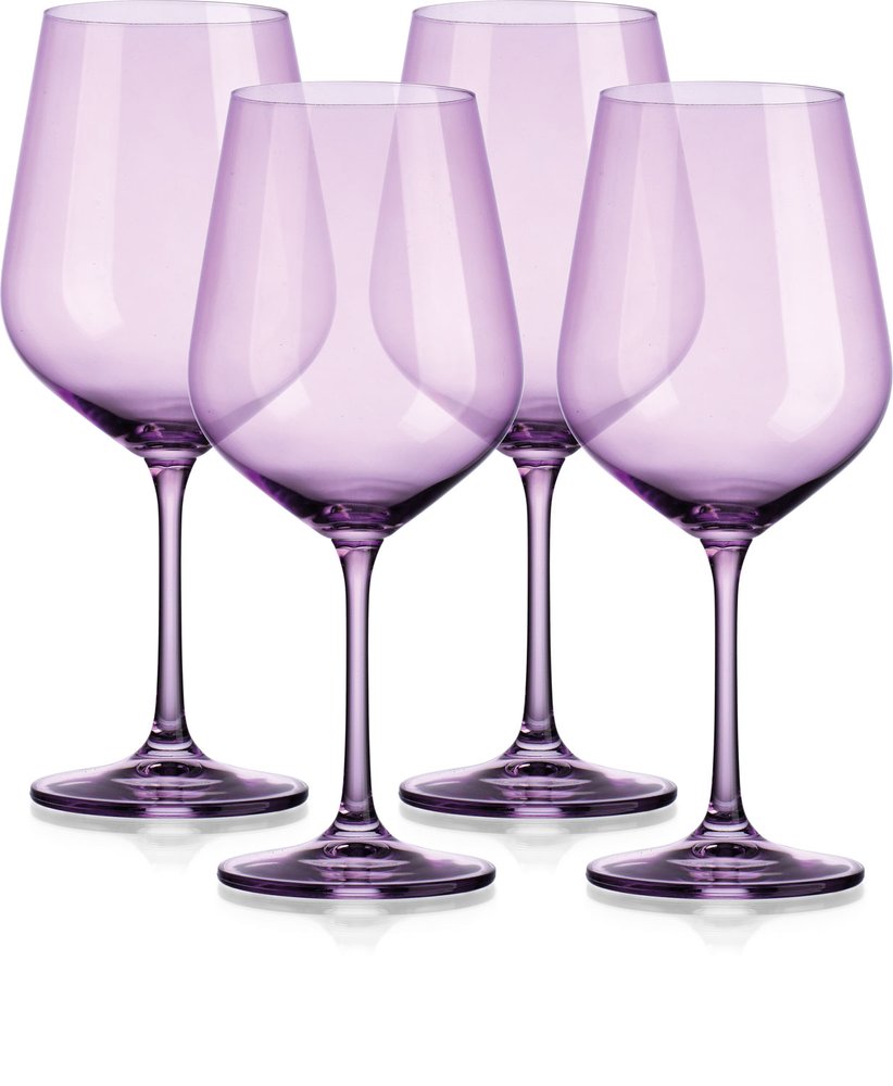 Juego de cuatro copas de vino tinto con tallo de globo de cristal morado