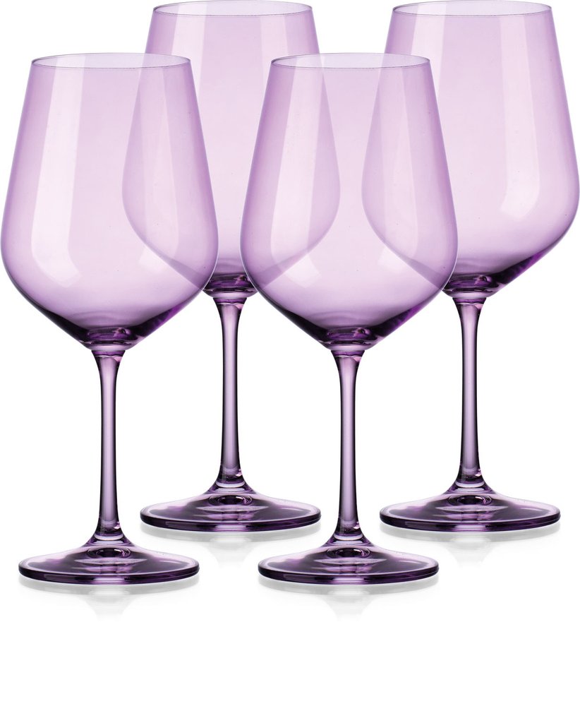 Juego de cuatro copas de vino tinto con tallo de globo de cristal morado