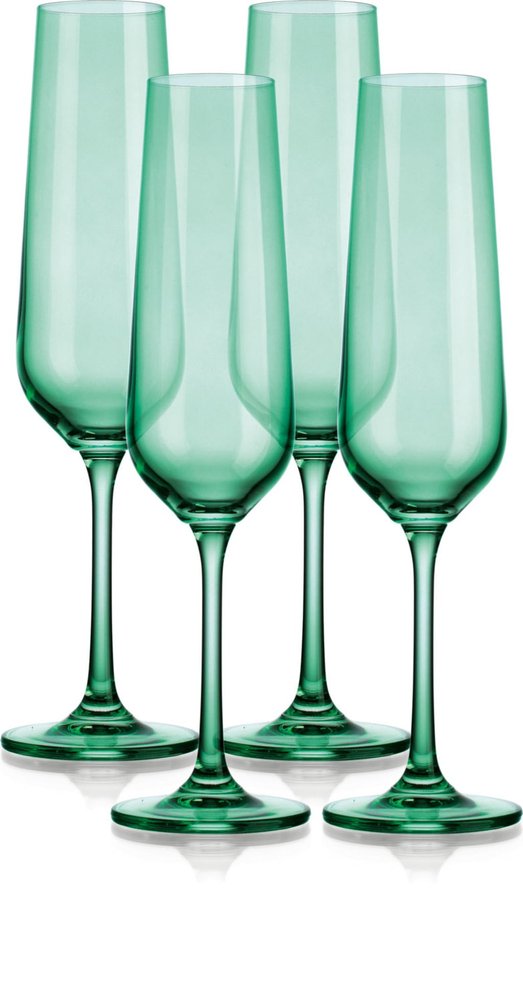Juego de cuatro flautas de cristal verde con forma estrecha y tallo