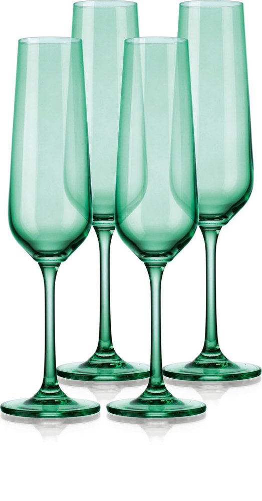 Juego de cuatro flautas de cristal verde con forma estrecha y tallo
