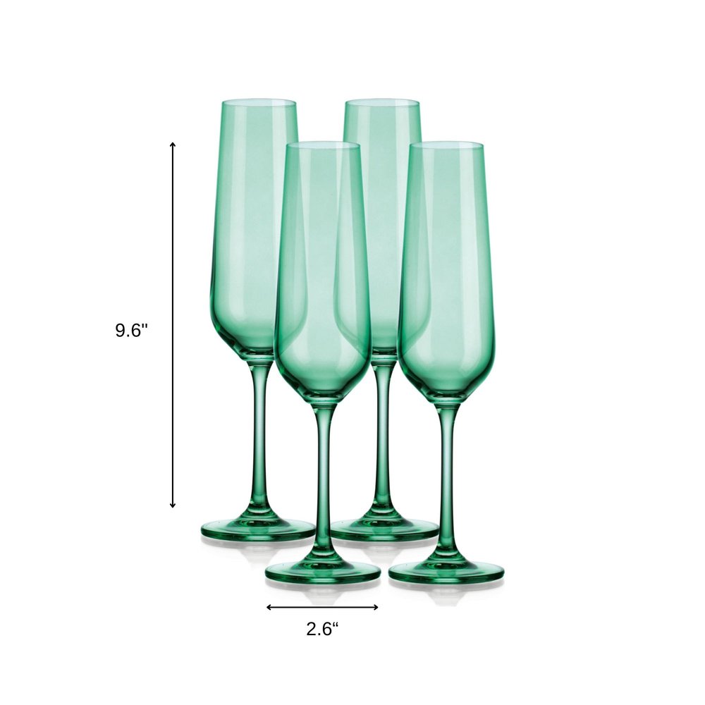 Juego de cuatro flautas de cristal verde con forma estrecha y tallo