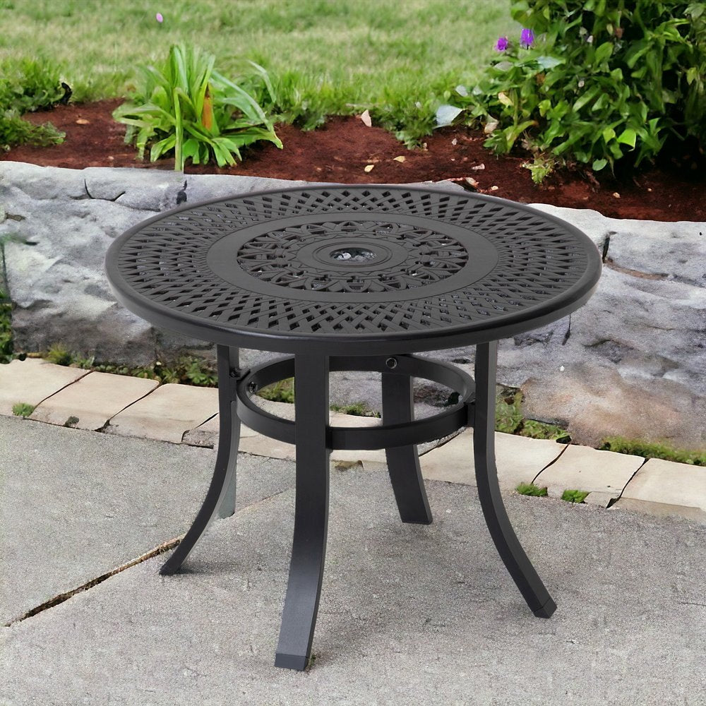 Mesa de bistró para exterior de metal redondo negro de 24" con orificio para sombrilla