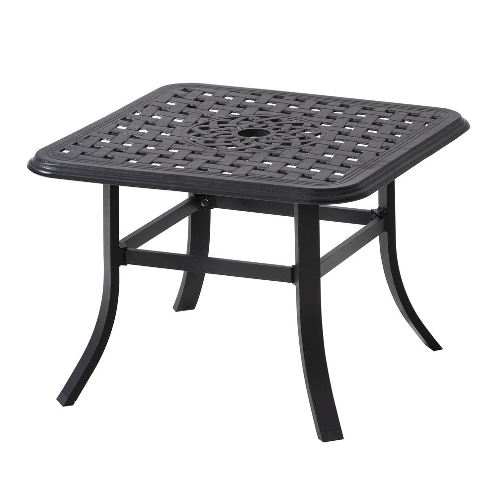 Mesa de bistró cuadrada de metal negro de 24" para exterior con orificio para sombrilla