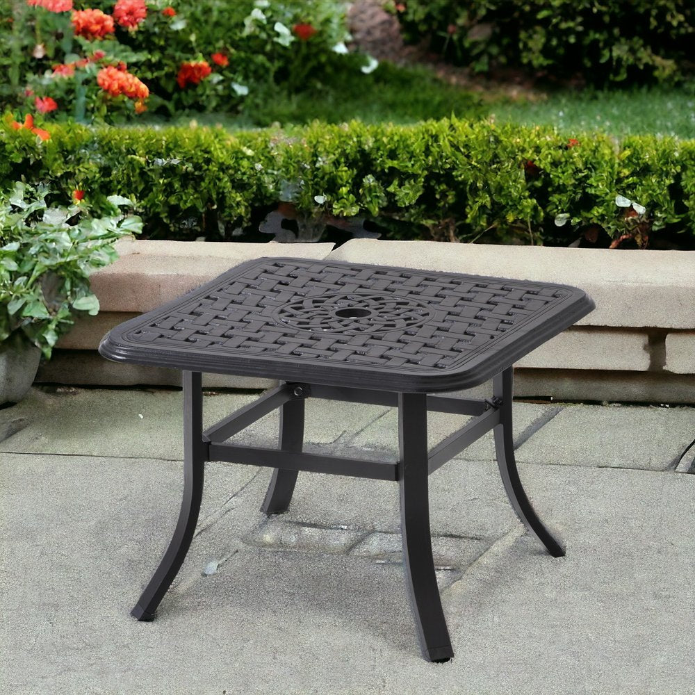 Mesa de bistró cuadrada de metal negro de 24" para exterior con orificio para sombrilla