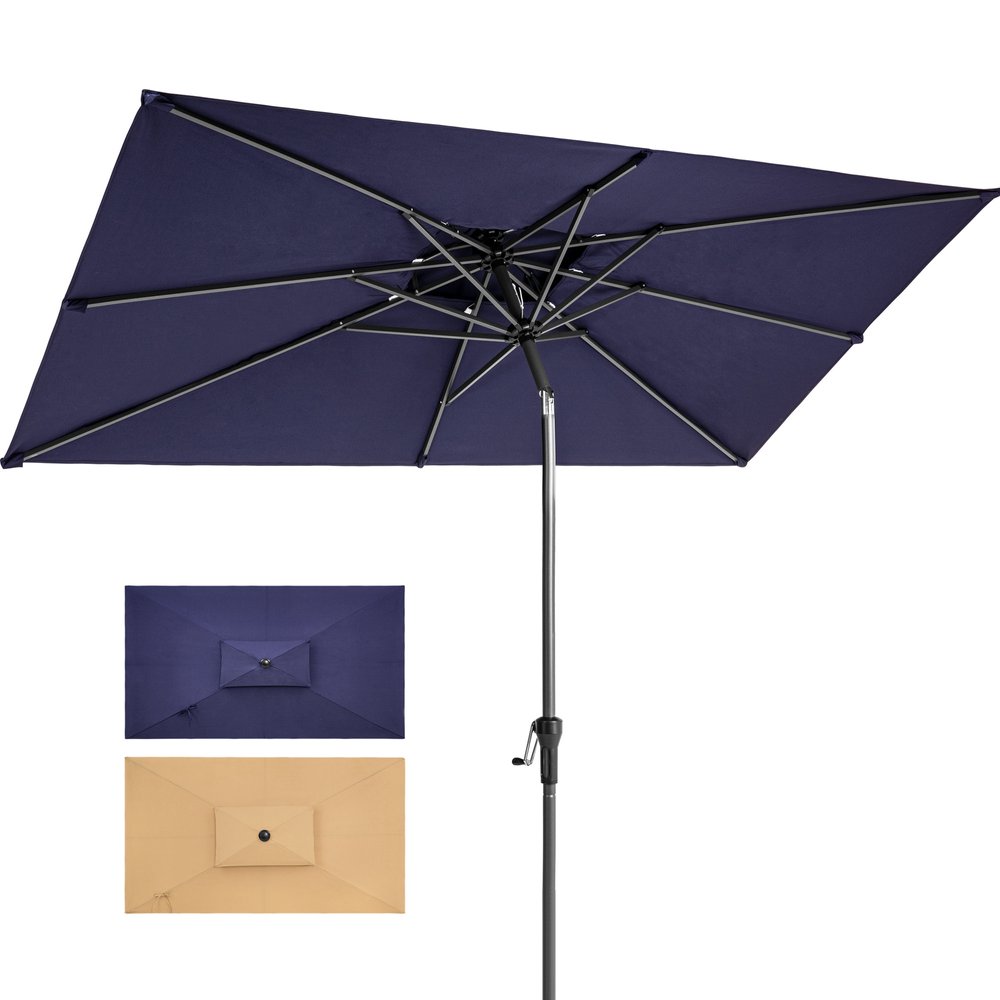 Sombrilla de patio rectangular inclinable de poliéster azul marino de 10 pies con soporte